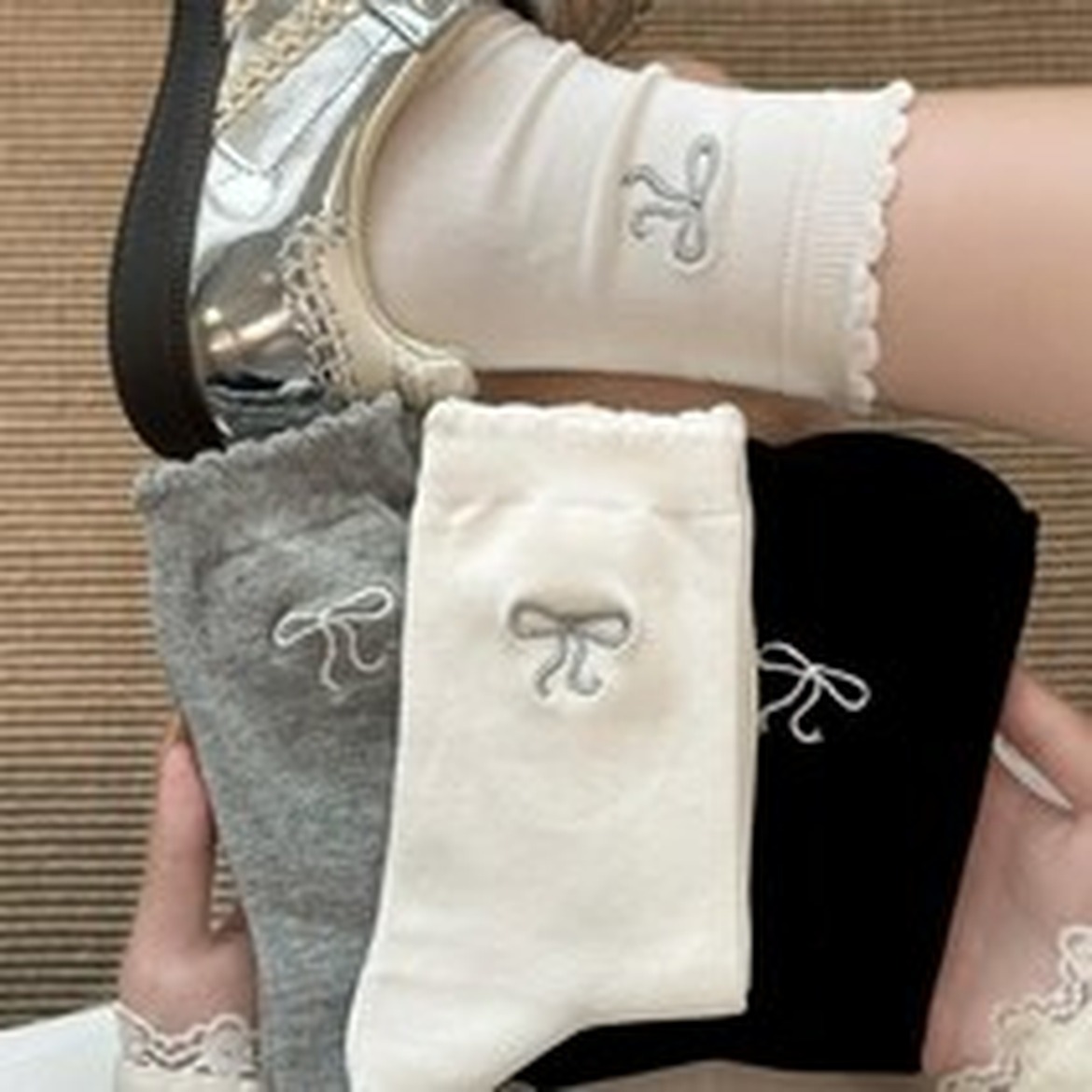 Amnesia cat 리본 자수 여성용 양말, 착용감이 뛰어난 봄여름 아이템