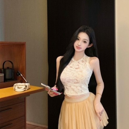 여성 라운드넥 레이스 민소매 크롭 메쉬 캉캉 스커트팬츠와 봄 여름 코디