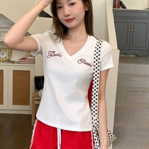 여성 봄여름 V넥 레터링 자수 슬림핏 면스판 반팔 티셔츠의 우아한 데일리 캐주얼