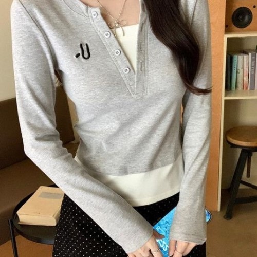 페이크 투피스 여성용 긴팔 티셔츠 슬림핏 디자인